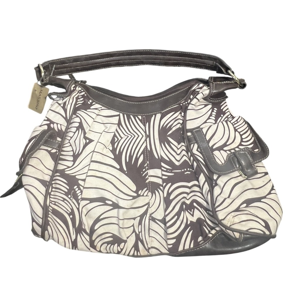 Massini Brown Cream Palm Leaf Pattern Hobo Shoulder Bag Faux Leather Trim New